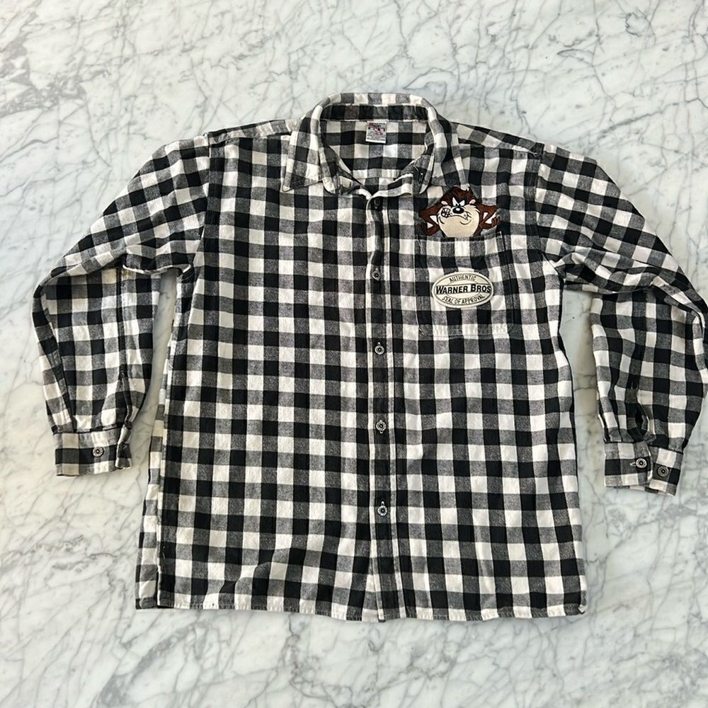 Vintage Looney Tunes Taz Black White Plaid Flannel - Youth XL Sz 14/16